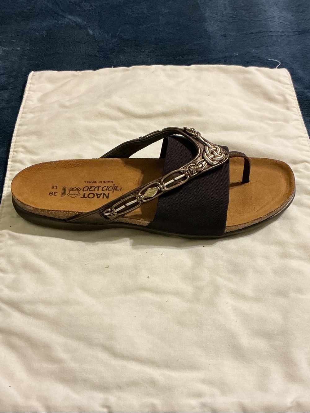 Naot Brown Slide Sandal with Metal Chain Accent